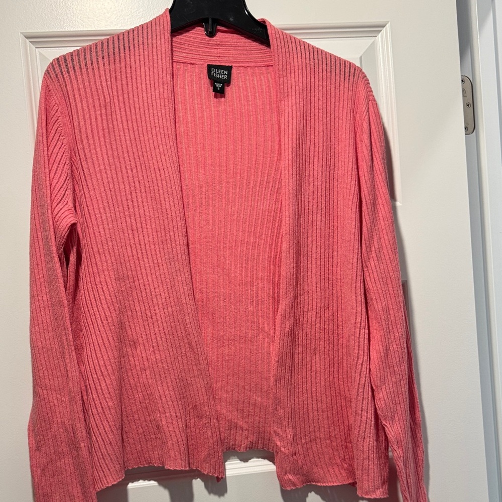 Ellen Tracy Coral Pink Ribbed Open-Front Cardigan